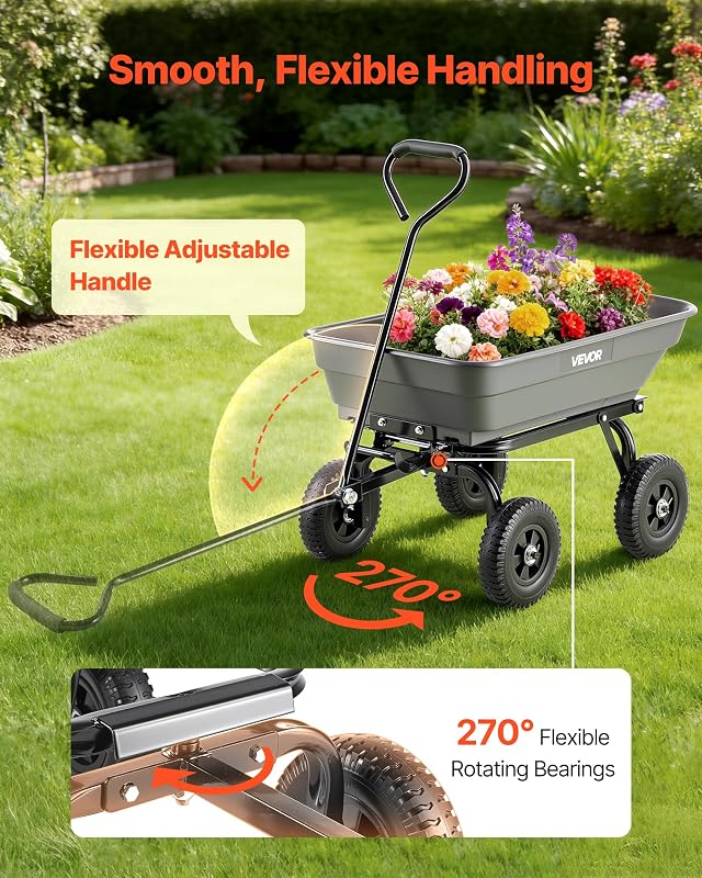Carrinho de jardim com carga funcional inclinável de 181 kg, carrinho de jardim de polietileno com mecanismo de inclinação de 90°, rodas girais de 180°, rolamentos flexíveis de 270° para plantas