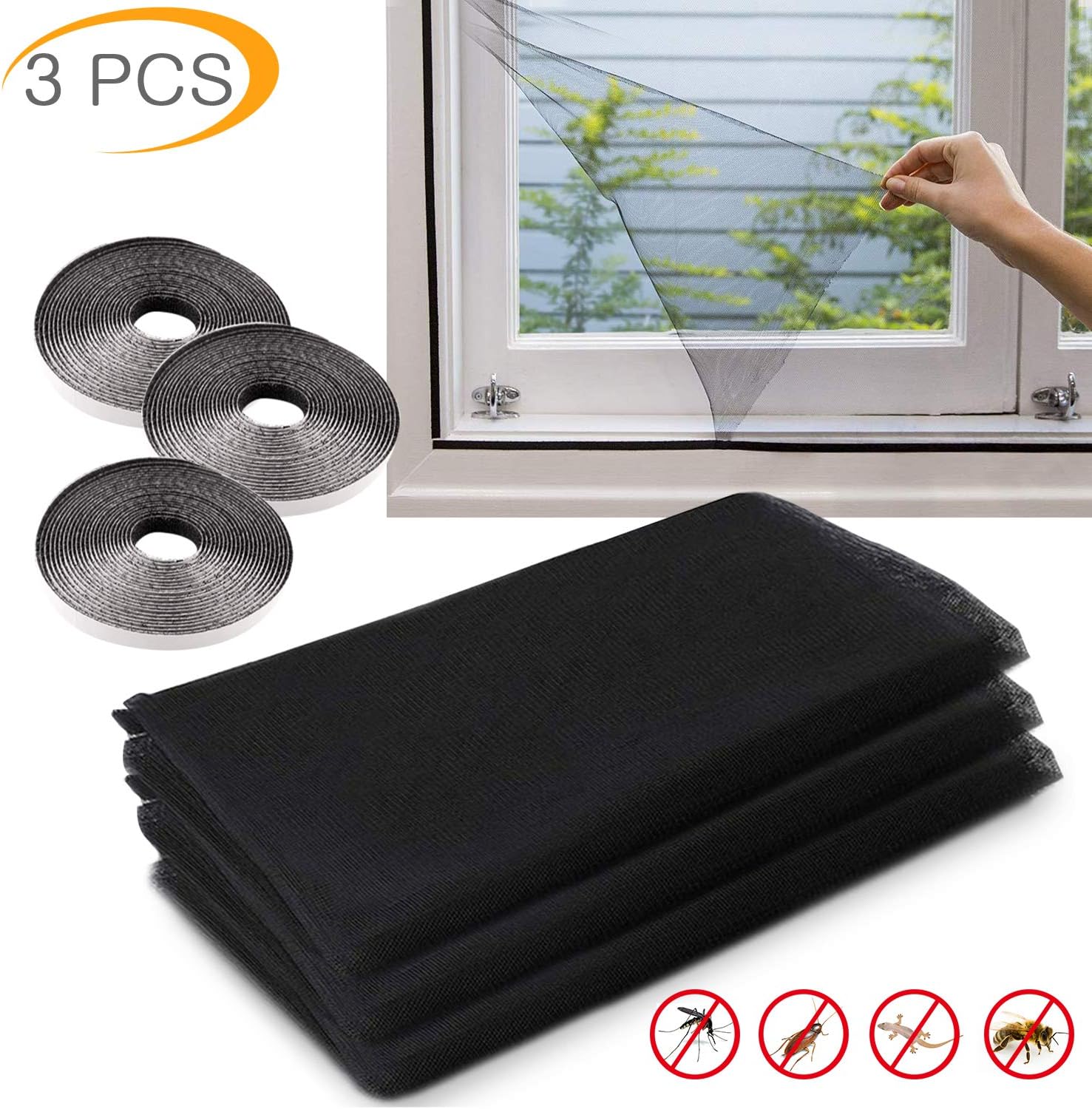 Mosquito Net for Window, Insect Screen Net, Fly Window Screen Mesh, 1.3m*1.8m Fly Bug Bee Spiders Mosquito Protector Kit Protector with 3 Rolls Self-Adhesive Tapes [0.6cm Wide] (Black)