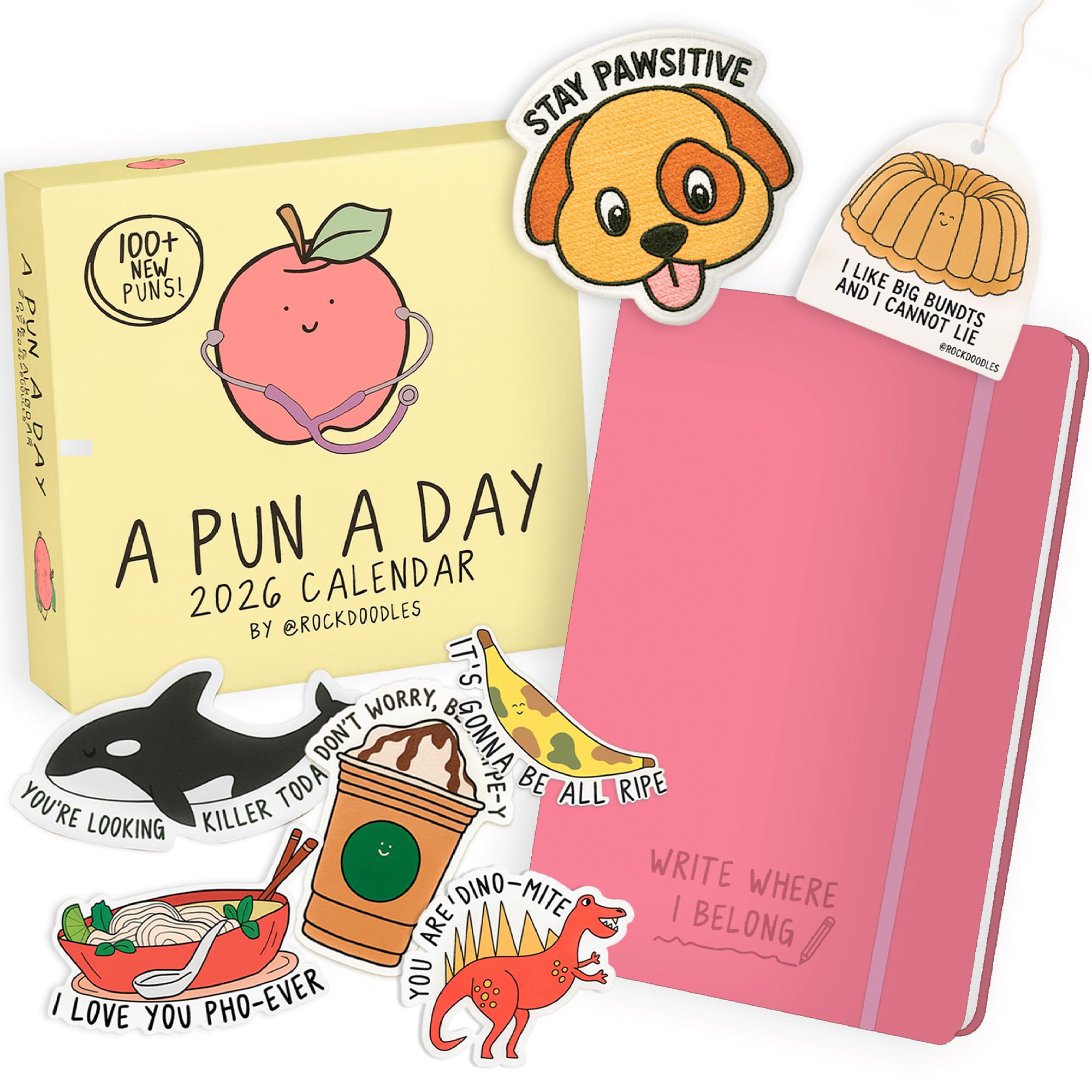 2026 Rockdoodles Punny Gift Set Bundle | Includes: (1) 2026 A Pun A Day Desk Calendar, (1) Limited Release Rockdoodles Journal, (5) All New Stickers, (1) Vanilla Bean Air Freshener, & (1) "Stay Pawsitive" Patch – Perfect Funny Gift for Friends, Family, &  Image