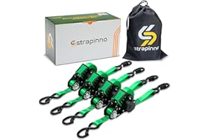 Strapinno Retractable Ratchet Straps - 1 in x 12 ft Heavy Duty Tie Downs, 1800lbs Breaking Strength Each, S Hooks with Safety Clip, AutoRetract, for Moving, Motorcycle, Boat, Kayak, and Cargo (4 PCS)