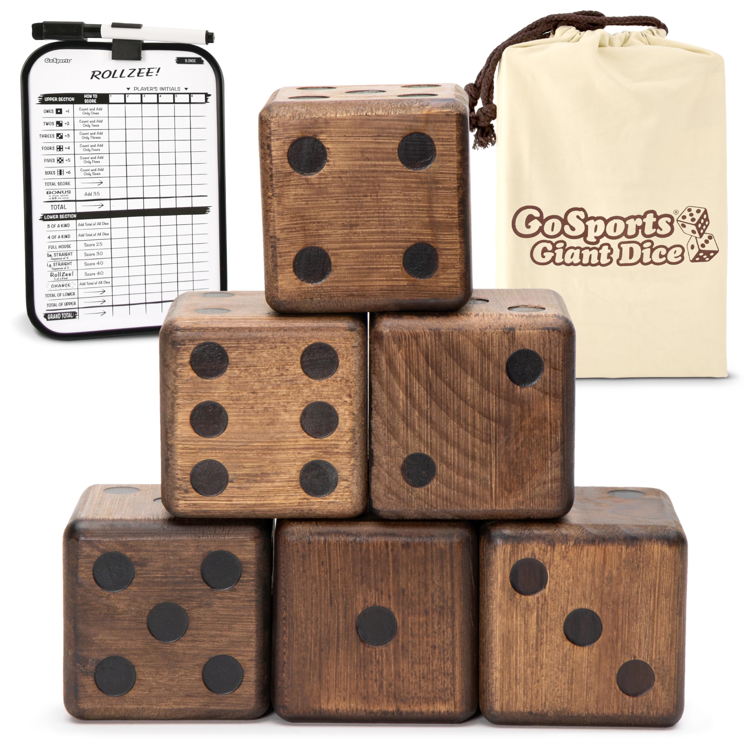 GoSports Giant Wooden Playing Dice Set with Rollzee and Farkle Scoreboard - Includes 6 Dice, Dry-Erase Scoreboard and Canvas Tote Bag - Choose 2.5 Inch or 3.5 Inch Dice)