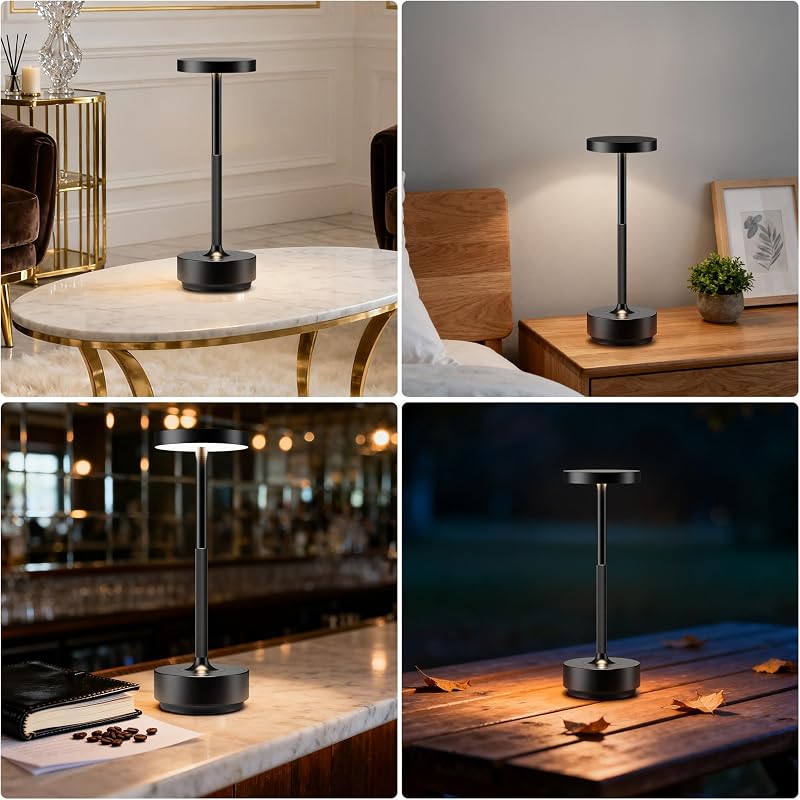Candeeiro de mesa LED sem fios, recarregável, 5000 mAh, 3 modos de luz, uso interior/exterior, bateria de longa duração, lâmpada de mesa portátil USB-C (preto) — foto 7 de 8