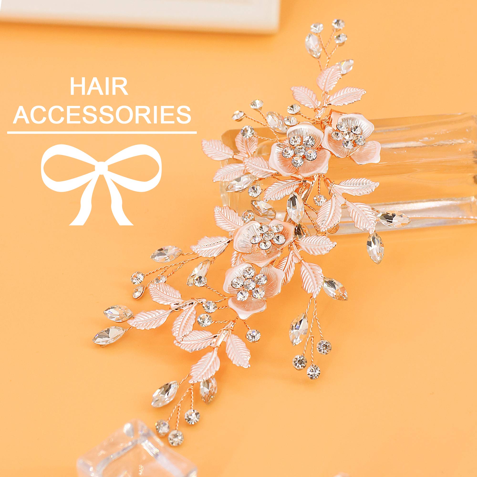 Flower Hair Clip Barrate Birthday Wedding Prom Girl Women Hair Piece Accessory, Leaf Paves, Rose Gold (Rose Gold #1)