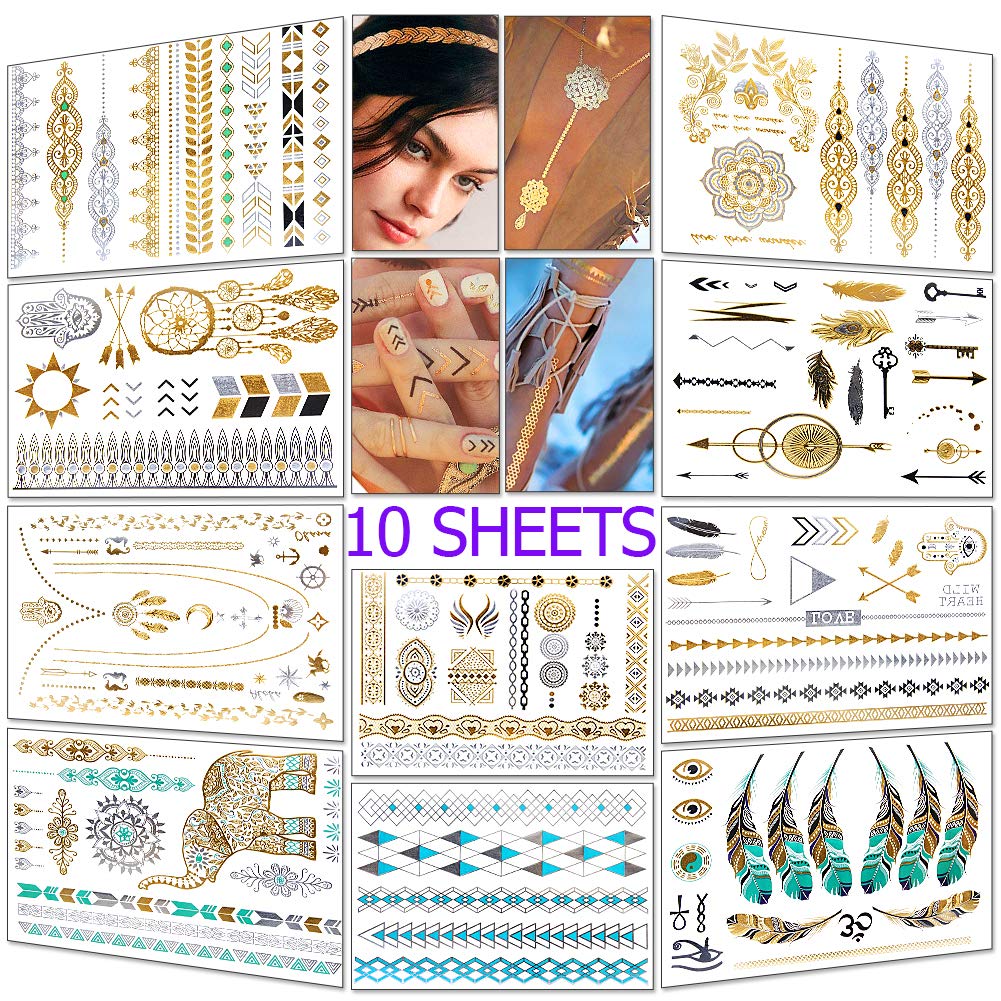 Metallic Temporary Tattoos, Flash Tattoo Waterproof, Shimmer Jewelry Tats Body Glitter Decal Stickers Gold/Silver/Black/Blue, 10 Sheets for Sexy Beach Baby, Masquerade Party, Yoga Gift, Music Festival