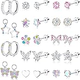 BESTEEL 14Pairs Hypoallergenic Earrings for Girls Women Surgical Steel Screw Back Earrings Cute CZ Flower Butterfly Stud Hoop Kids Toddler Earring Set with Charm Christmas Gift
