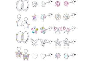 BESTEEL 14Pairs Hypoallergenic Earrings for Girls Women Surgical Steel Screw Back Earrings Cute CZ Flower Butterfly Stud Hoop Kids Toddler Earring Set with Charm Christmas Gift