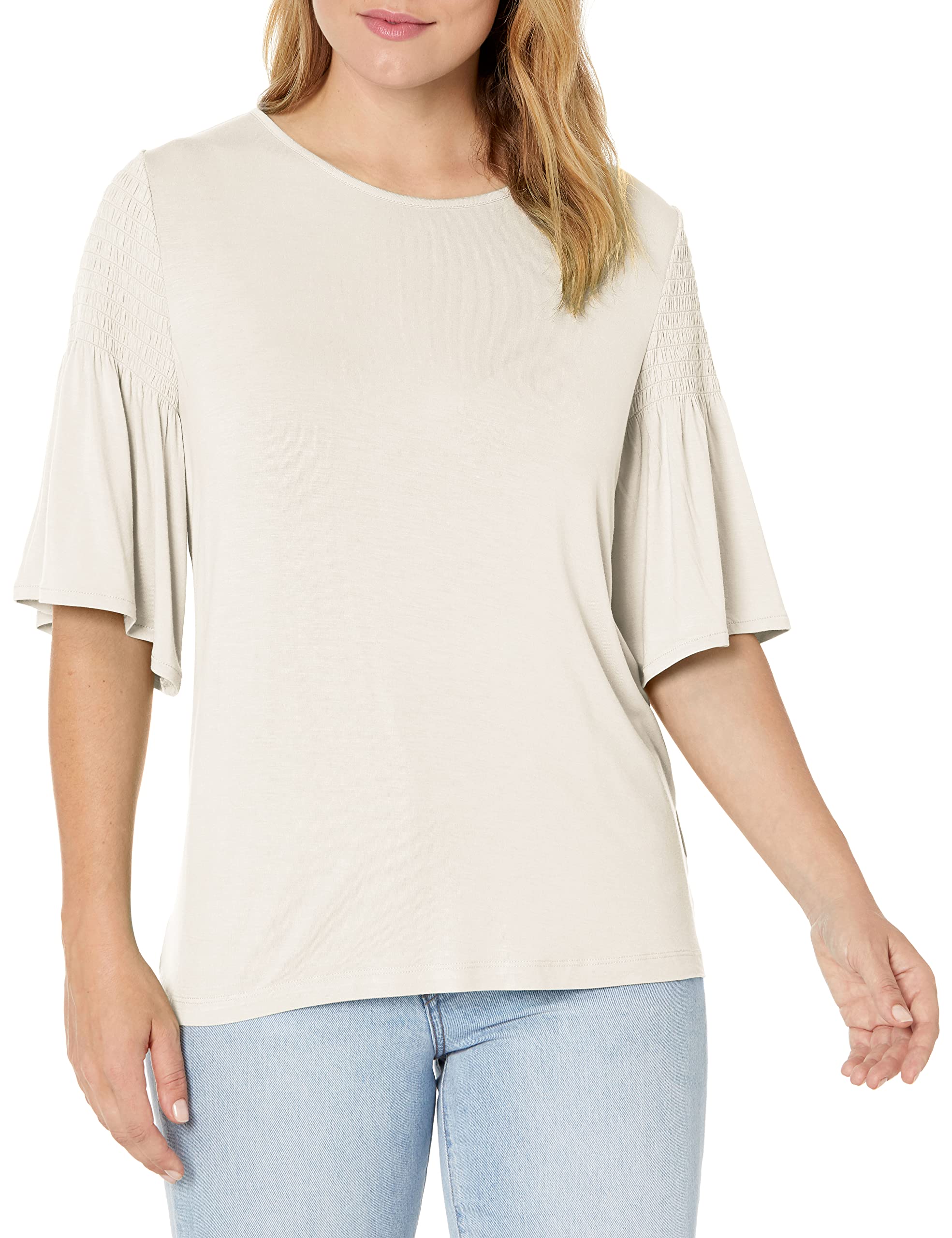 Photo 1 of 3/4 Sleeves Smocked Shoulder Knit Top, White, X-Large