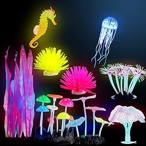 9 Pieces Glow Aquarium Fish Tank Ornament Glowing Coral Aquarium Decor Silicone Yellow Rose Red Anemone Ornament Artificial Simulation Coral Jellyfish and Seahorse Mushroom Plant Decoration Landscape