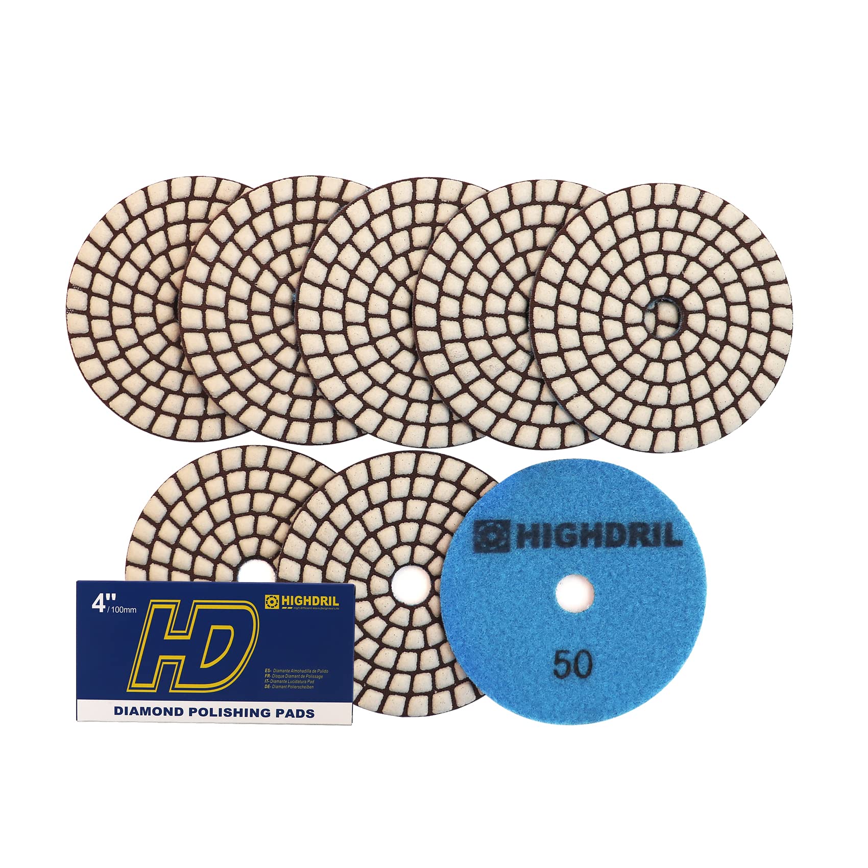 HIGHDRIL Dry Diamond Polishing Pad - 8PCS #50 Sanding Pads 100MM for Granite Stone Marble Floor Grinder Polish Pad Kit for Drill, Grinder, Polisher