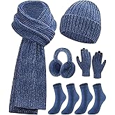 Geyoga 6 Pcs Winter Knit Set Beanie Hat Long Scarf Touchscreen Gloves Ear Muff Socks Warm Valentine Gift for Women Men Snow(Blue,Classic Style)