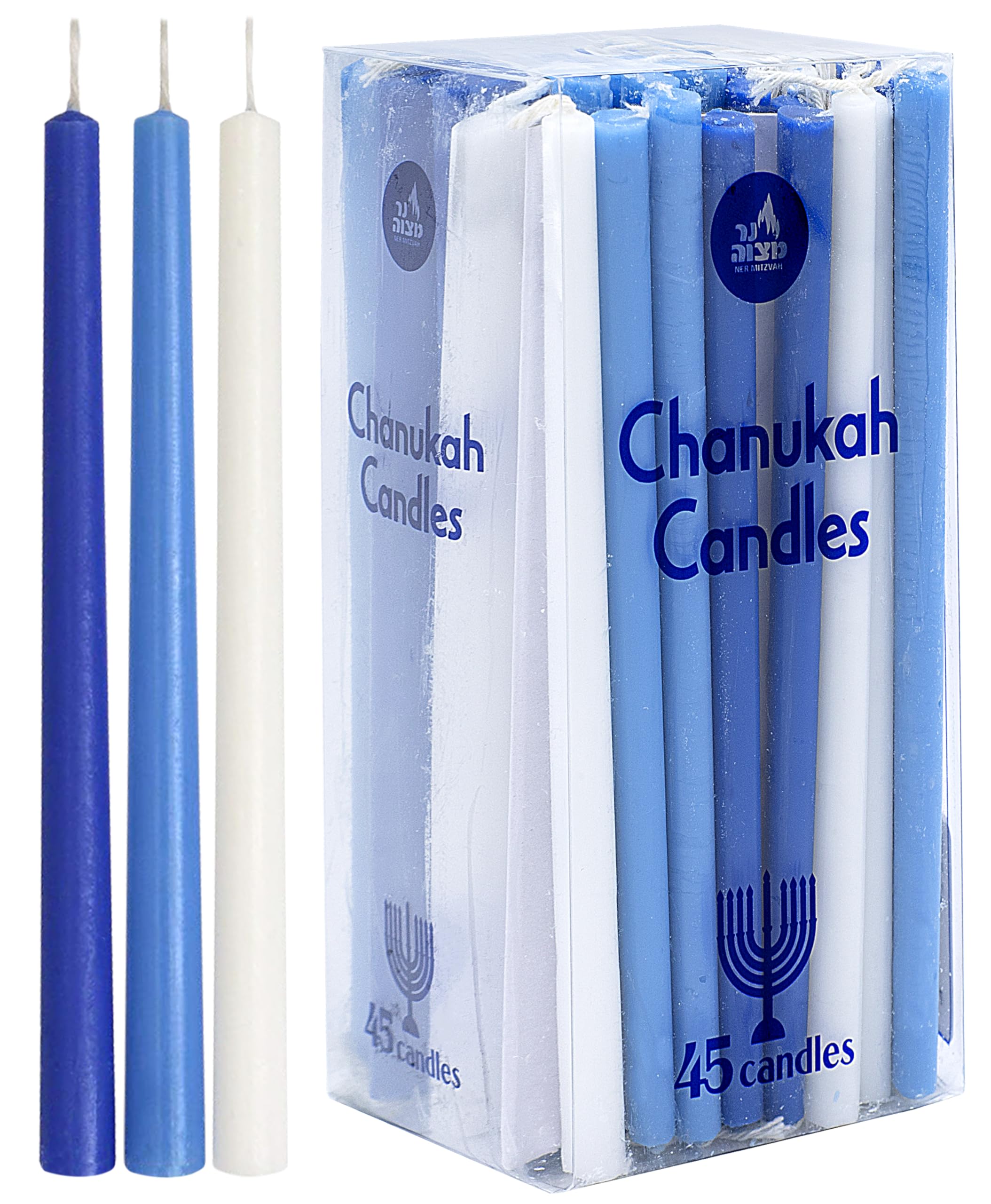 Ner Mitzvah Long Chanukah Candles - Standard Size Hanukkah Candles - Premium Quality Wax - Blue and White - 45 Count for All 8 Nights of Hanukkah
