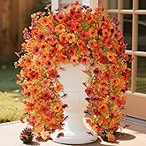 Homsunny Fall Flowers for Outdoors Fake Flowers UV Resistant Artificial Fall Flowers for Home Patio Balcony Yard Porch, Orange and Sunset Red