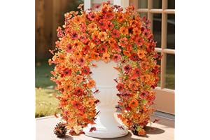 Homsunny Fall Flowers for Outdoors Fake Flowers UV Resistant Artificial Fall Flowers for Home Patio Balcony Yard Porch, Orange and Sunset Red