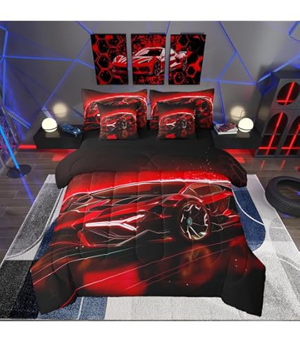 Feelyou Kids Sports Bedding Set - Race Car Comforter Twin Size With Pillowcase, Blue & Yellow
