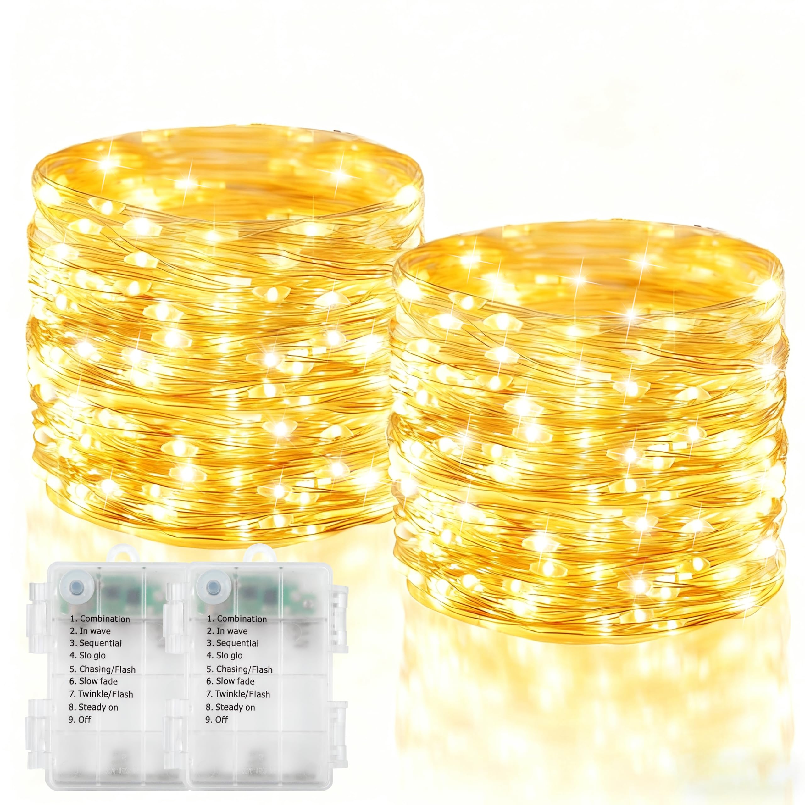 Photo 1 of 2 Pack Fairy Lights Battery Operated, 200 LED 66Ft Silver Wire Twinkle String Light 8 Modes Auto Timer Mini Christmas Fairy Lights for Bedroom Wedding Decor (Warm White)