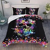 AILONEN Sugar Skull Comforter Set Queen Size, 3D Print Skull & Skeleton Roses Floral Print Bed in a Bag 3PCS, 1 Comforter & 2 Pillowcases