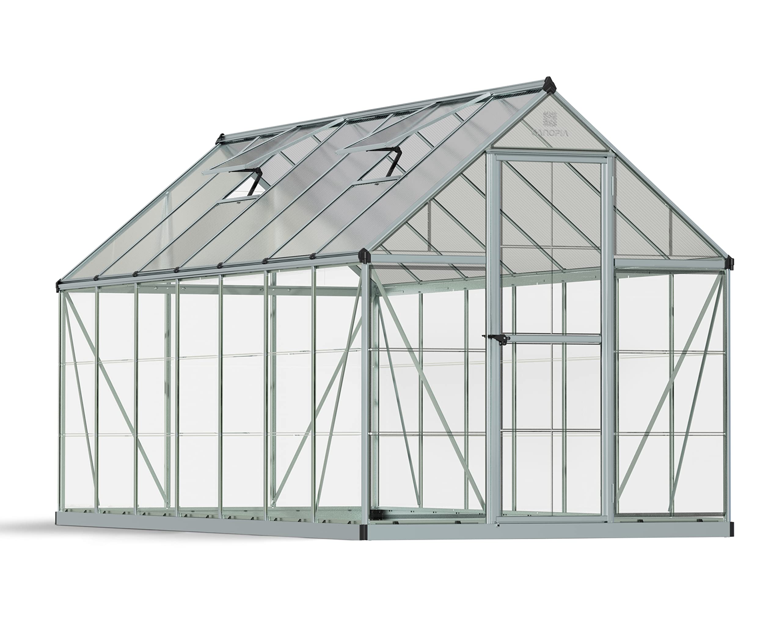 Palram – Canopia 6×14 Greenhouse for Outdoors, Walk-In UV Polycarbonate Panels Heavy Duty Aluminum Frame, Lockable Door, Adjustable Roof Vent, Rain Gutters, Galvanized Steel Base, Hybrid (Silver)