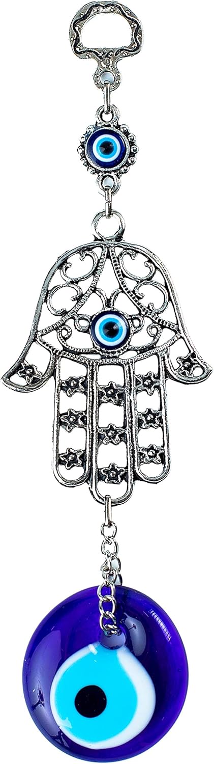 Demiwares Evil Eye Protection Charm, Hamsa Fatima Holy Hand with Evil Eye Glass, Metal Wall Hanging Home Decor for Good Luck and Blessings, Handmade Turkish Ornament