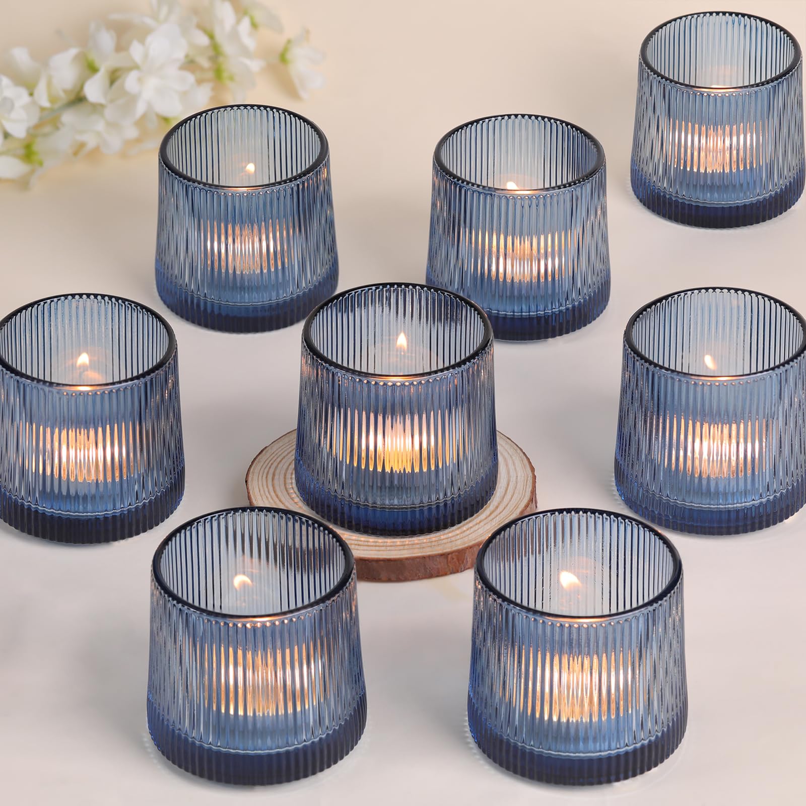 Photo 1 of DARJEN Blue Ribbed Tealight Votive Candle Holders Set of 10- Votive Candle Holders for Table Centerpiece, Tea Light Candle Holder Glass for Wedding and Home Decor, Blue Decor and Gifts