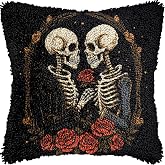 Generic Skull Skeleton Lover Rose Latch Hook Pillow Kits Color Printed Cushion Crochet Yarn Needlework DIY Hook Latch Kit Pillowcase Rug Cover Home Sofa Christmas Decor 43x43cm