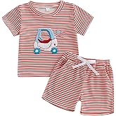 DSOKUHIB Toddler Baby Boy 4th of July Outfit Stars Stripes Cart Embroidery Short Sleeve T Shirt Shorts Set Summer Clothes