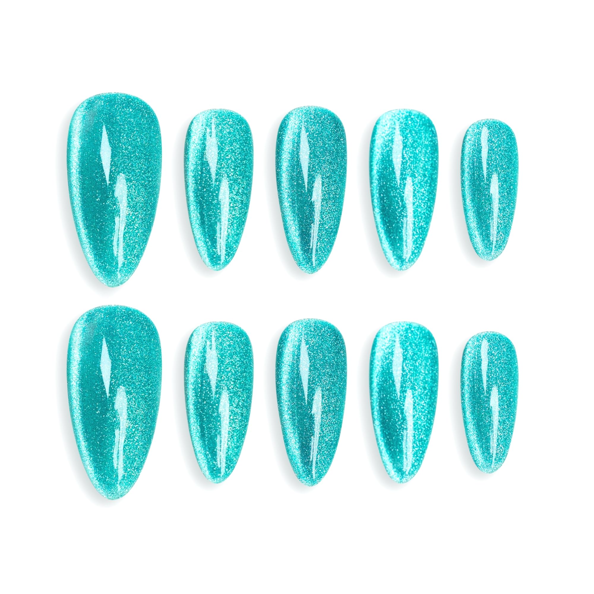 Sun&Beam Nails Handmade Press-on Medium Long Almond Nile Blue Cat Eye Design Charming False Nail Tips 10 Pcs (#119 M)