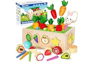 ELLINJAN Wooden Montessori Toys for 1 2 3 Year Old Baby Girls Boys, Wood Shape Sorter Toys Gifts for Toddlers Learning Fine Motor Skills, Carrot Harvest Game Educational Toys
