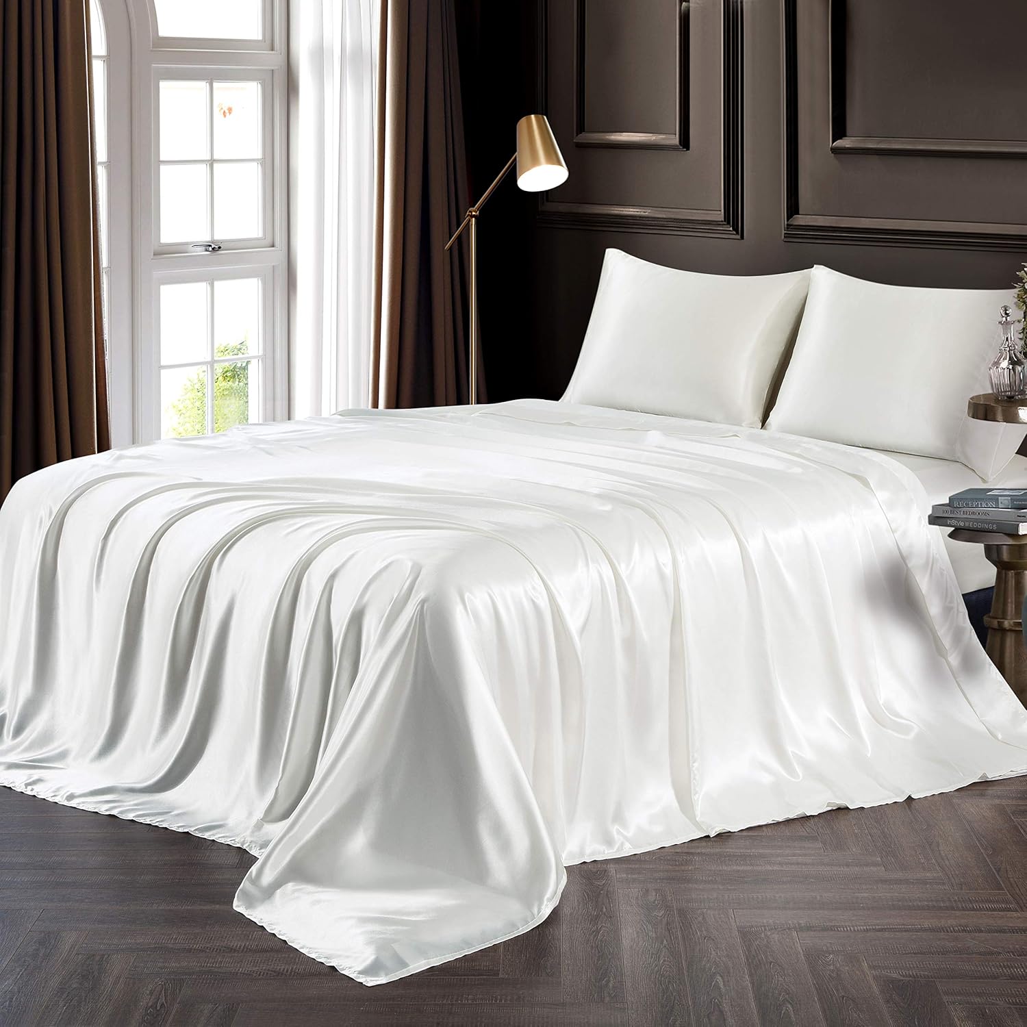 Chvonttow 4 Piece Satin Sheets King Size Luxury Silky Satin Bed Sheets Set, Wrinkle, Fade, Stain Resistant, 1 Deep Pocket Fitted Sheet + 1 Flat Sheet + 2 Pillowcases (Ivory White): Home & Kitchen