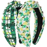 IDDFEVE 2Pcs St. Patrick's Day Headband for Women - Rhinestone Knotted Design with Irish Shamrock Hair Hoop, Leprechaun Holiday Wide Hair Accessory with Jeweled Crystal (Green Plaid)