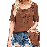 Falechay Womens Summer Tops Sexy Boho Off The Shoulder Shirts Crochet Lace Half Sleeve Blouses Flowy Crewneck Tie Front Tunic