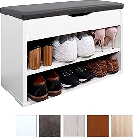 RICOO Banco de Armario Zapatería con almacén Plegable WM032-W-A Estanterías con Asientos Acolchado para casa Entrada de Madera Baúl Botas Banco Almacenamiento de Zapatos Color Blanco y Gris Antracita 