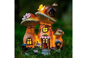 Candieslife Solar Garden Statue Lights Mushroom Fairy House Figurine, Outdoor Memorial Garden Ornaments Waterproof Decoration for Outside Patio Yard Lawn Decor
