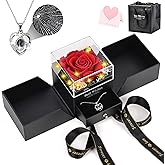 Preserved Red Real Rose with I Love You Necklace, Eternal Flowers Rose Projection Jewelry Romantic Valentines Day Gifts for Her, Anniversary Birthday Wedding Gift for Women Girlfriend Wife Fiancée