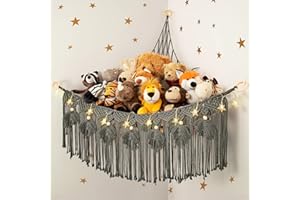 ANROYE Macrame Stuffed Animal Hammock with Star Light, Bear Storage Net for Girls Room Decor, Corner Hanging Mesh Organizer Idea for Nursery, Plushies Toy Wall Hanging Display Holder Kid Boy Gift
