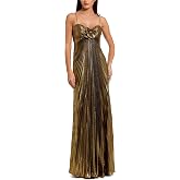 Mac Duggal Thin Strap Pleated Metallic Gown with 3D Flower