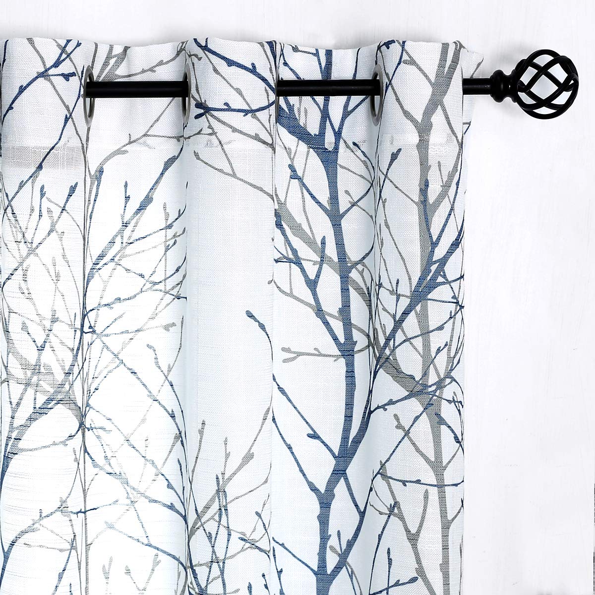 FMFUNCTEX Blue White Curtains 50" X 45" for Kitchen Living Room Tree Branch Print Wrinkle- Free Small Linen Texture Semi Sheer Window Panels for Bedroom 2 Panels, Grommet Top