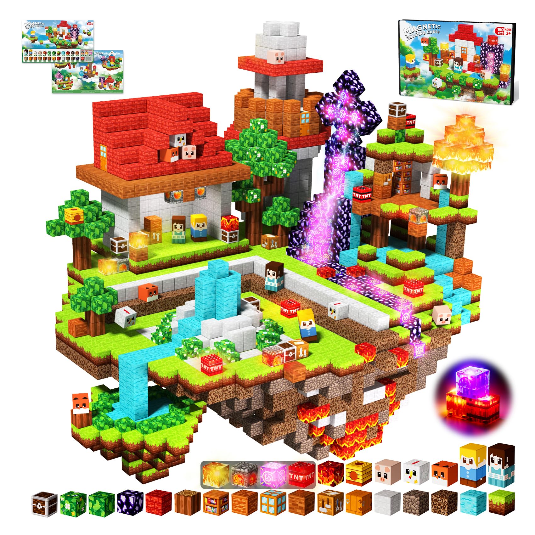 Magneverse Magnetic Blocks 150PCS, Flashing Light Floating Grassland Portal Magnetic Building Cubes Tiles, STEM Stacking Toys for Kids Boys Girls Ages 3-10, Birthday Easter Gifts
