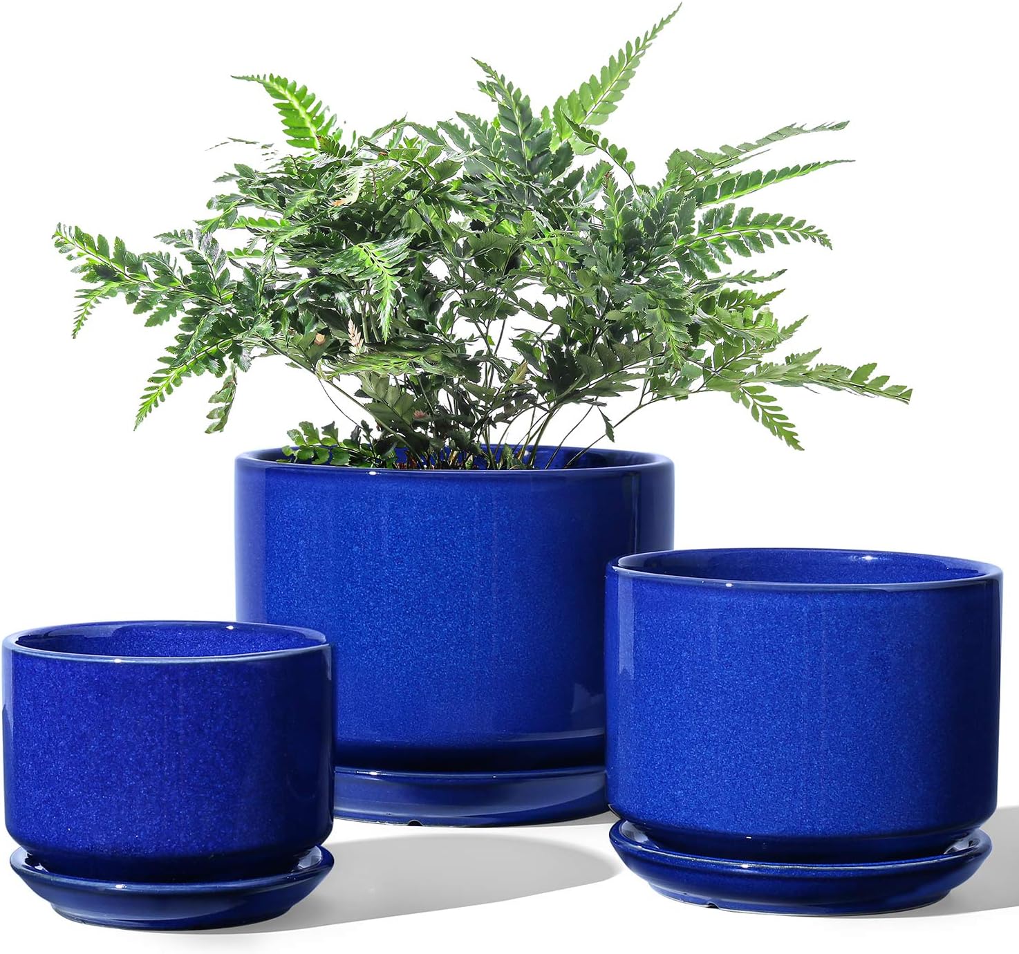 LE TAUCI Plant Pots 4.5" & 5.3" & 6.5" Flower Pot with Drainage Holes and Saucers, Ceramic Pots with Tray, Outdoor Garden Planters, with Mesh Pads, Set of 3, Sapphire Blue: Garden & Outdoor