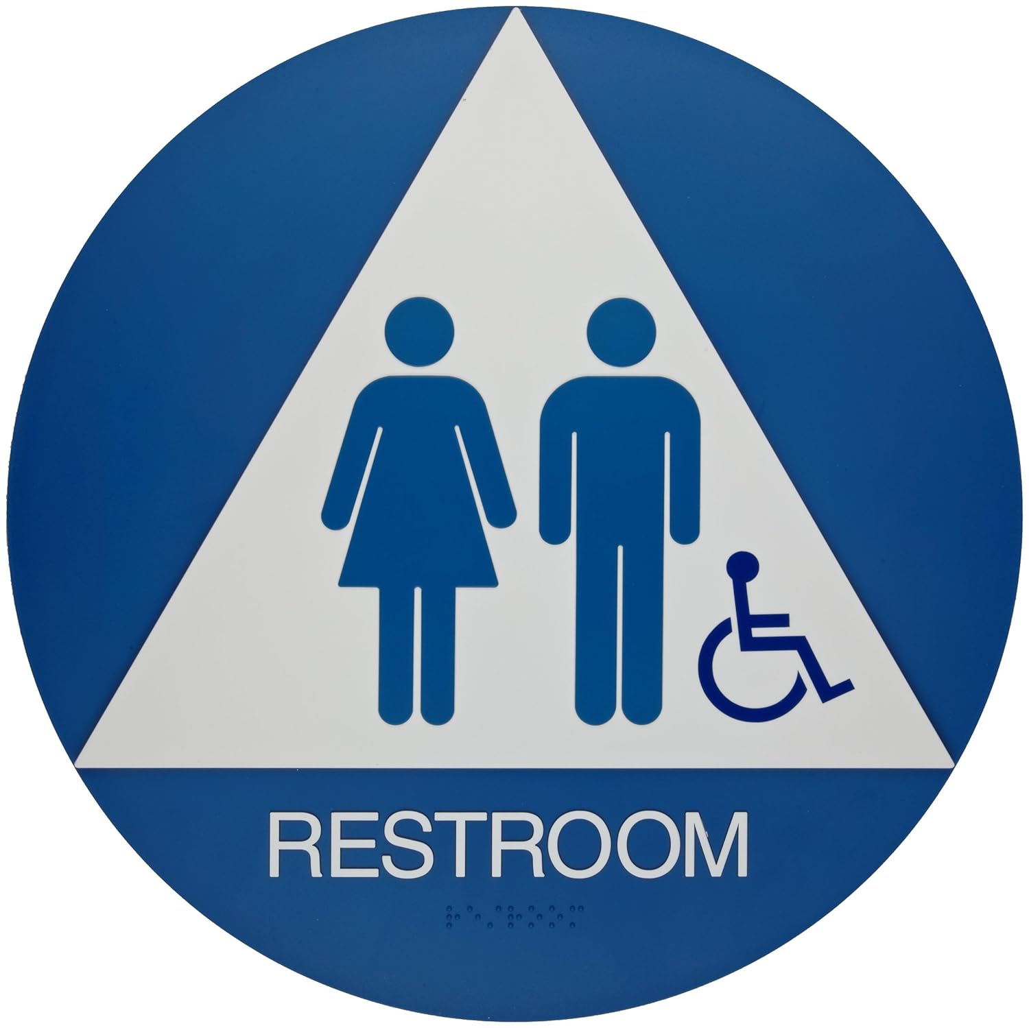 Brady California/ADA Restroom Sign,Legend "Restroom" - Plastic, White on Blue, 12" Diameter - 106184