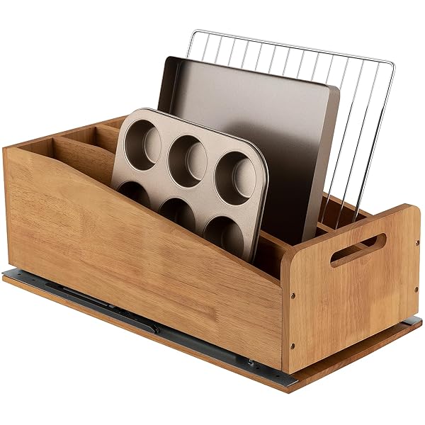 DINDON PULL OUT CABINET ORGANIZER FOR PANS, COOKIE SHEET, BAKEWARE, CUTTING BOARD, SLIDE OUT KITCHEN CABINET STORAGE ORGANIZER RACK, 10.5”W X 21″D X 7.5″H, WOOD