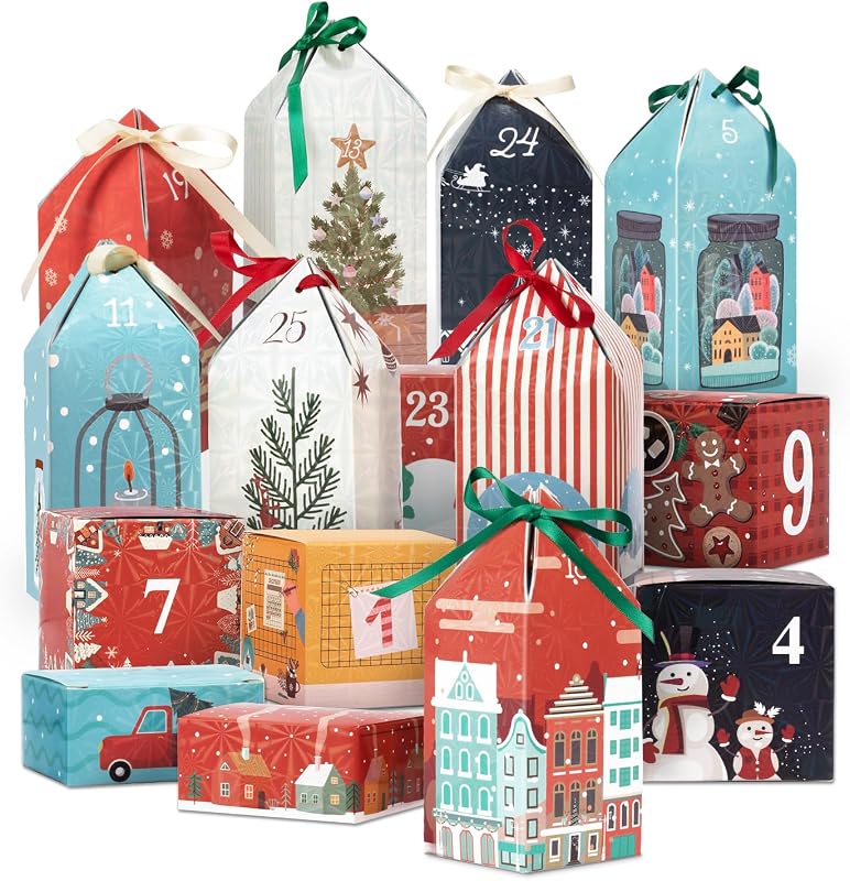 Calendario Adviento Cajas para Rellenar, 25 Numeradas Calendario de Adviento de Navidad, Crea tu Calendario de Adviento 2025 con Cajas de Regalo para Niños, Niñas, Amigos (25 Casitas y Cajas)