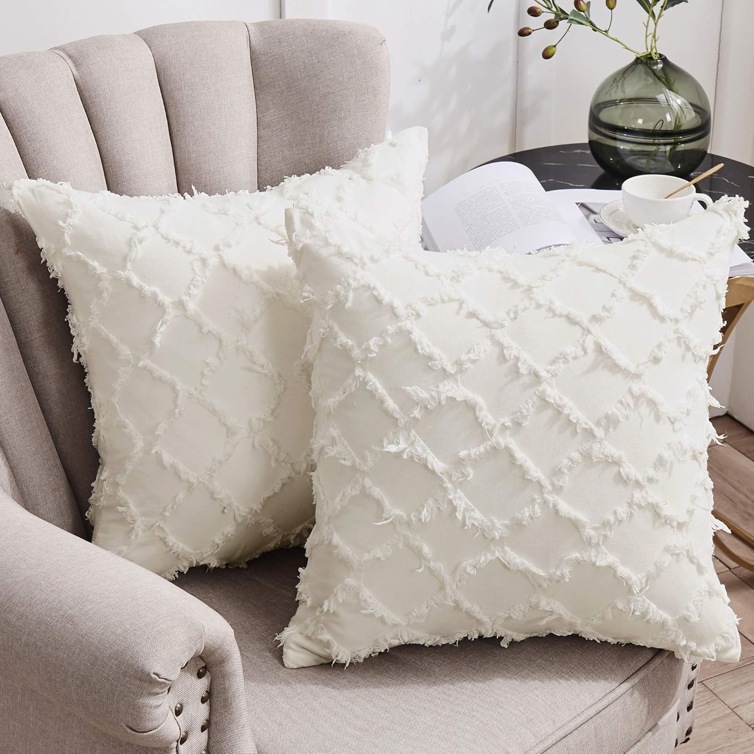 Longhui bedding Ivory White Throw Pillow Covers for Sofa, Couch, Bedroom, Family Room – Set of 2 Decorative Pillows 18 x 18 Inches Cotton Linen Cushion Covers, No Inserts: Home & Kitchen