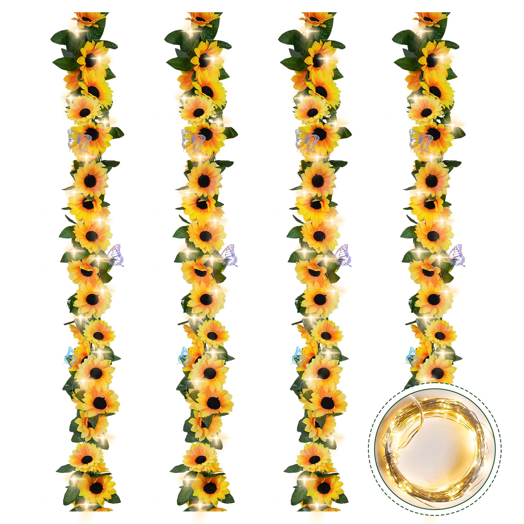 Photo 1 of 4 Pack Fake Sunflowers Garland Decor,Sunflower Vines with Lights 7.5ft Artificial Silk Sunflower for Table Centerpieces Wedding Wall Party Home Fall Decorations