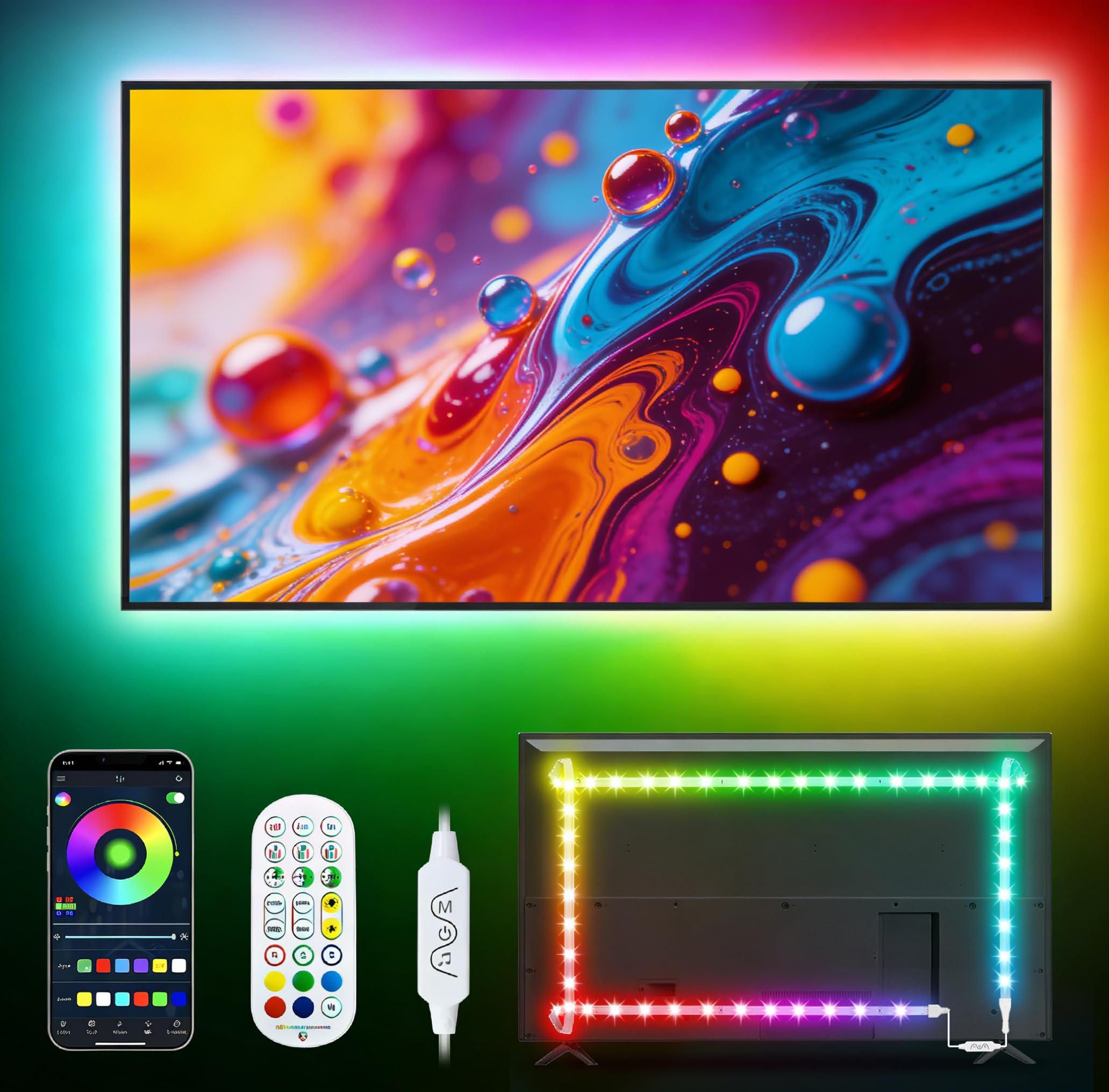 Daymeet TV Led Lights, 5M LED Lights for TV with Remote RGB Led Lighting for 55-85inch Monitor, USB Powered Light Behind, 5050 Backlight Sync with Music, Bluetooth APP Control