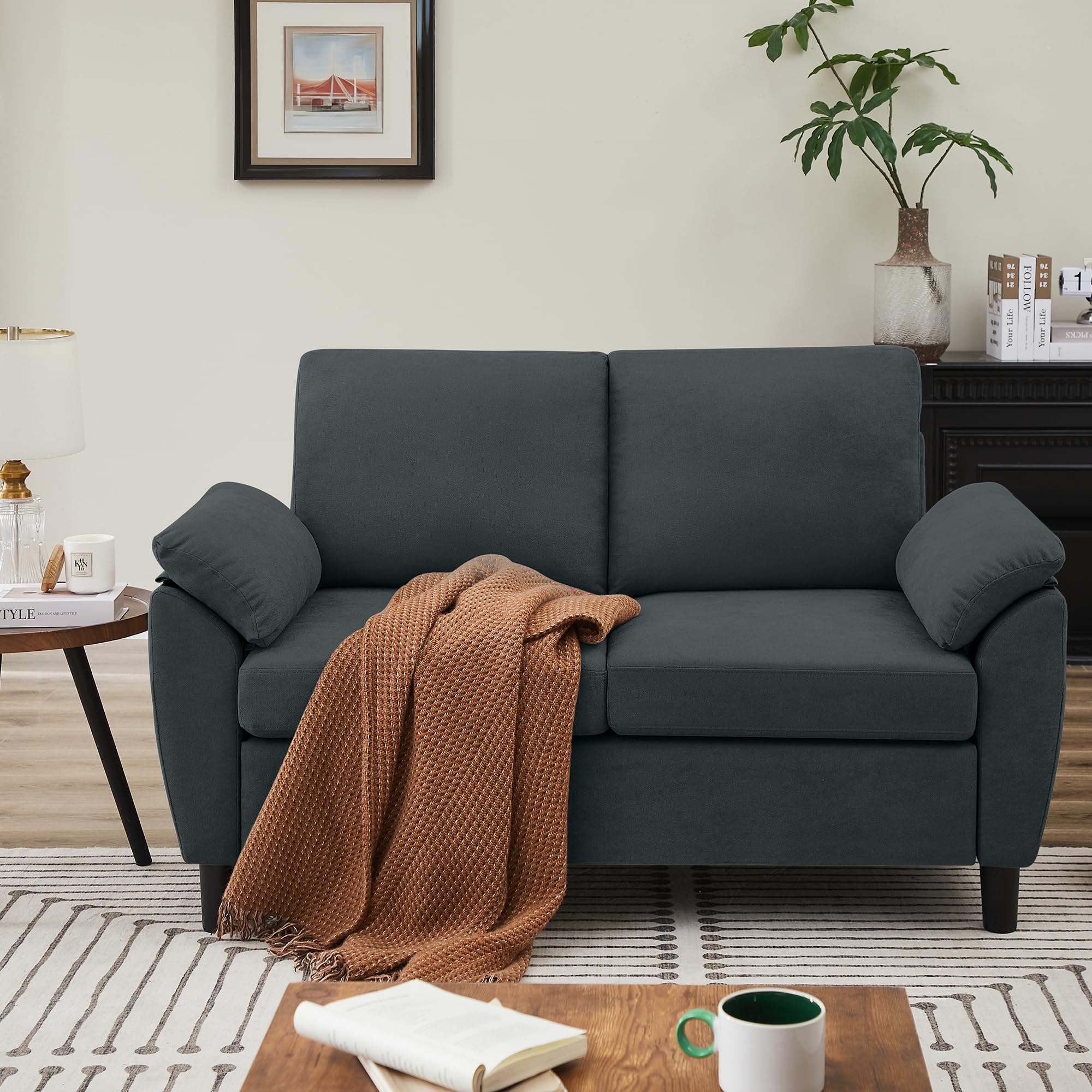 Photo 1 of **THE DESCRIPTION AND PHOTO ARE FOR REFERENCE ONLY,**Loveseat Sofa Couch, Modern Linen Fabric Upholstered 2-Seater Sofa with Side Pockets, Love Seats Sofa for Small Space, Dark Grey