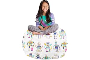 POSH CREATIONS Posh Stuffable Kids Stuffed Animal Storage Bean Bag Chair Cover - Childrens Toy Organizer, Large 38" - Canvas Robots on White