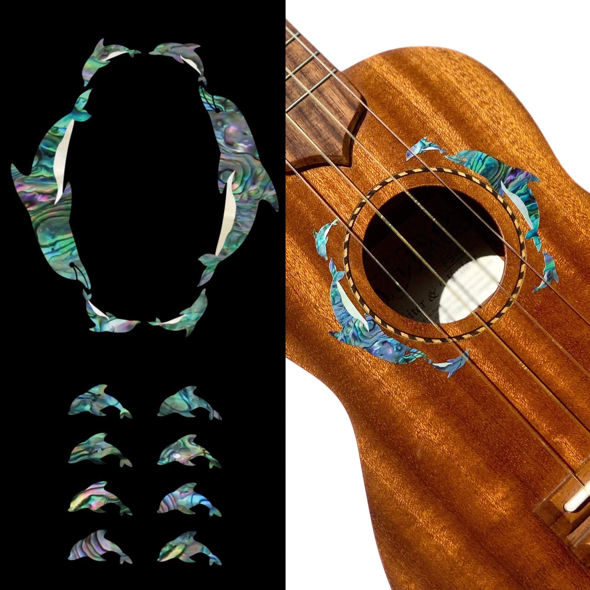 Inlay Sticker Decal for Ukulele - Dolphines Fretboard Markers & Rosette - Abalone Blue,UKR-275DR-BL-AZ
