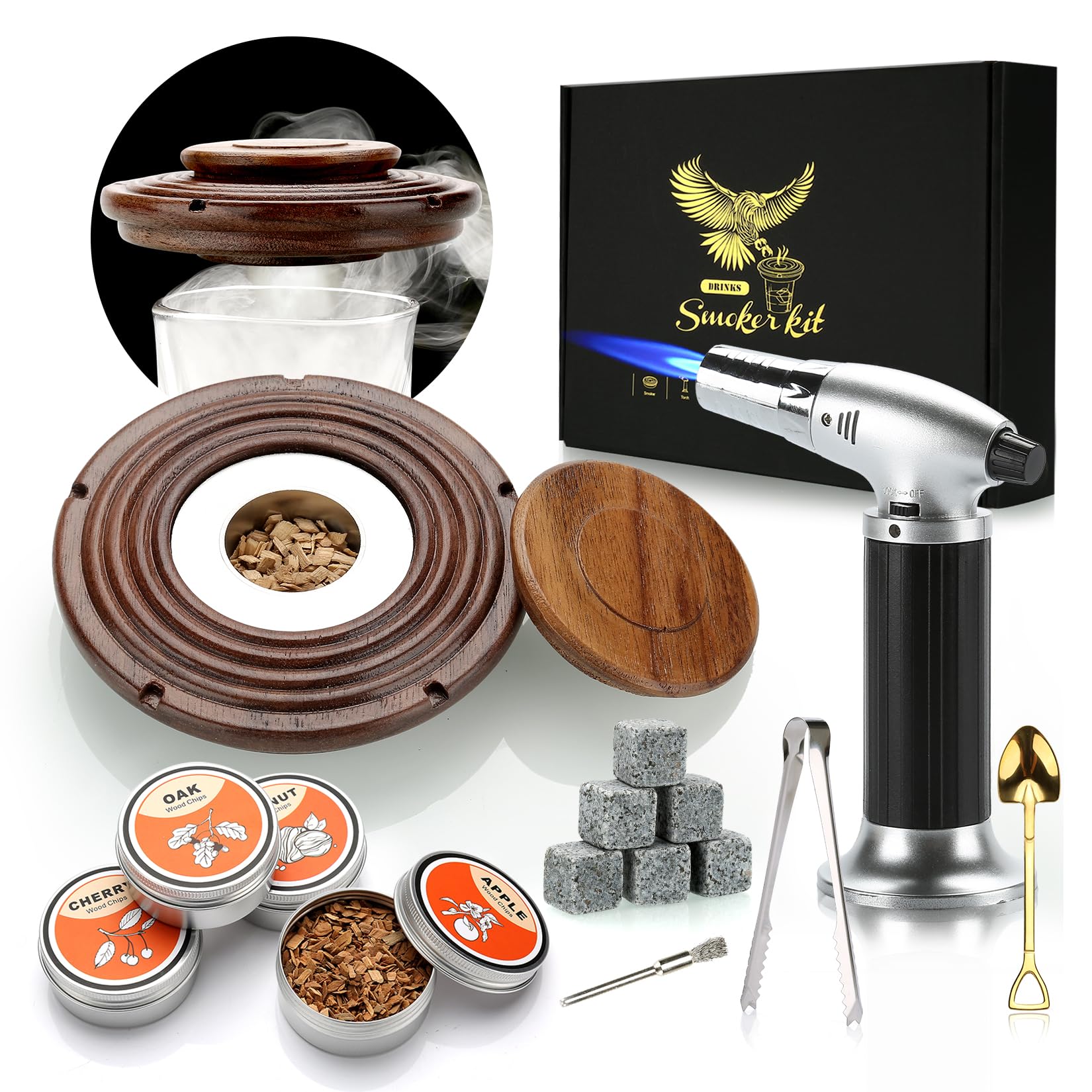Cocktail Smoker Kit with Torch, Whiskey Smoker Drinks Kit, Old Fashioned Whisky Smoker with Whiskey Stones Gifts for Men, Husband, Dad (No Butane)-Walnut