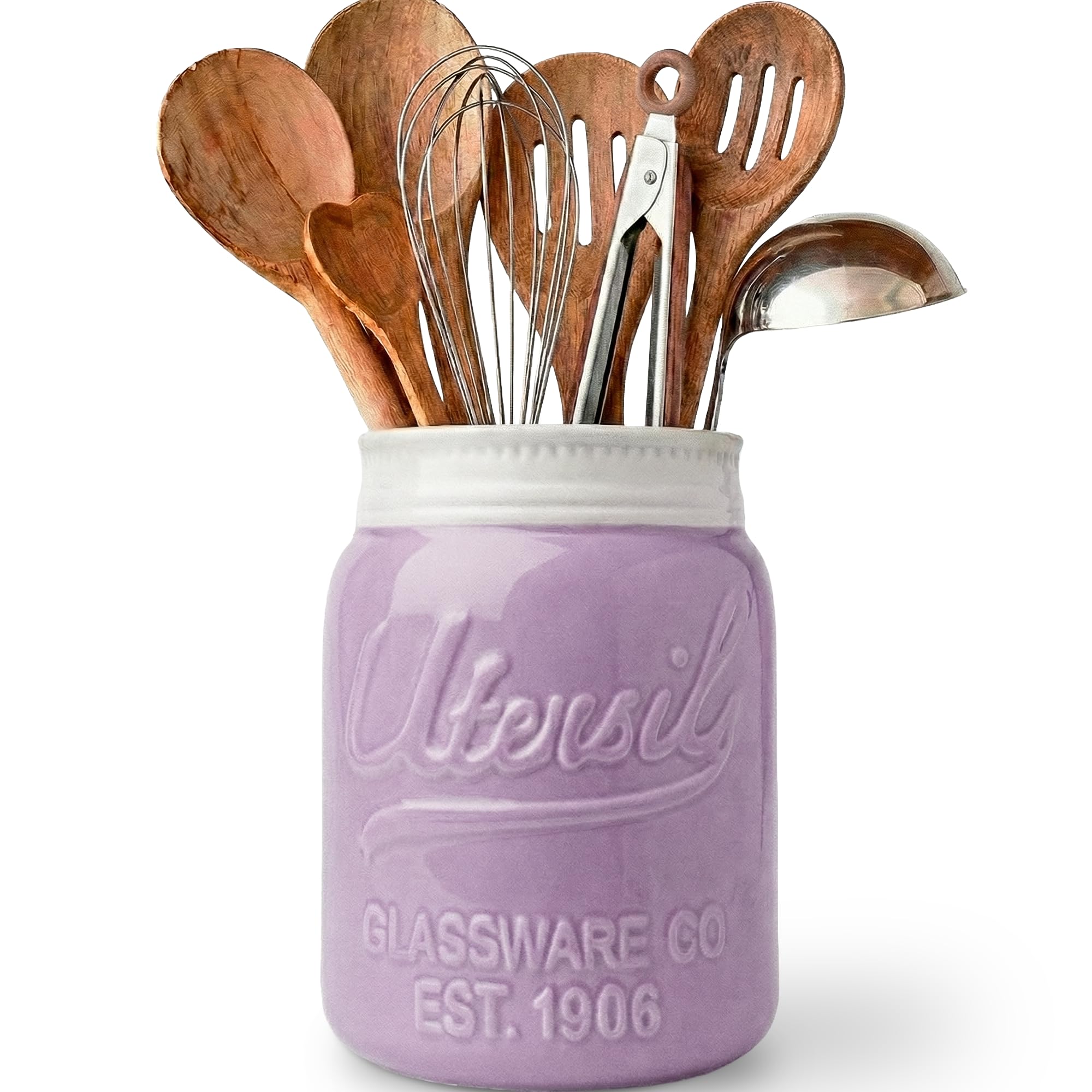 Comfify Wide Mouth Mason Jar Utensil Holder Decorative Kitchenware Organizer Crock, Chip Resistant Ceramic - Perfect Cookware Gift - Purple, Large Size