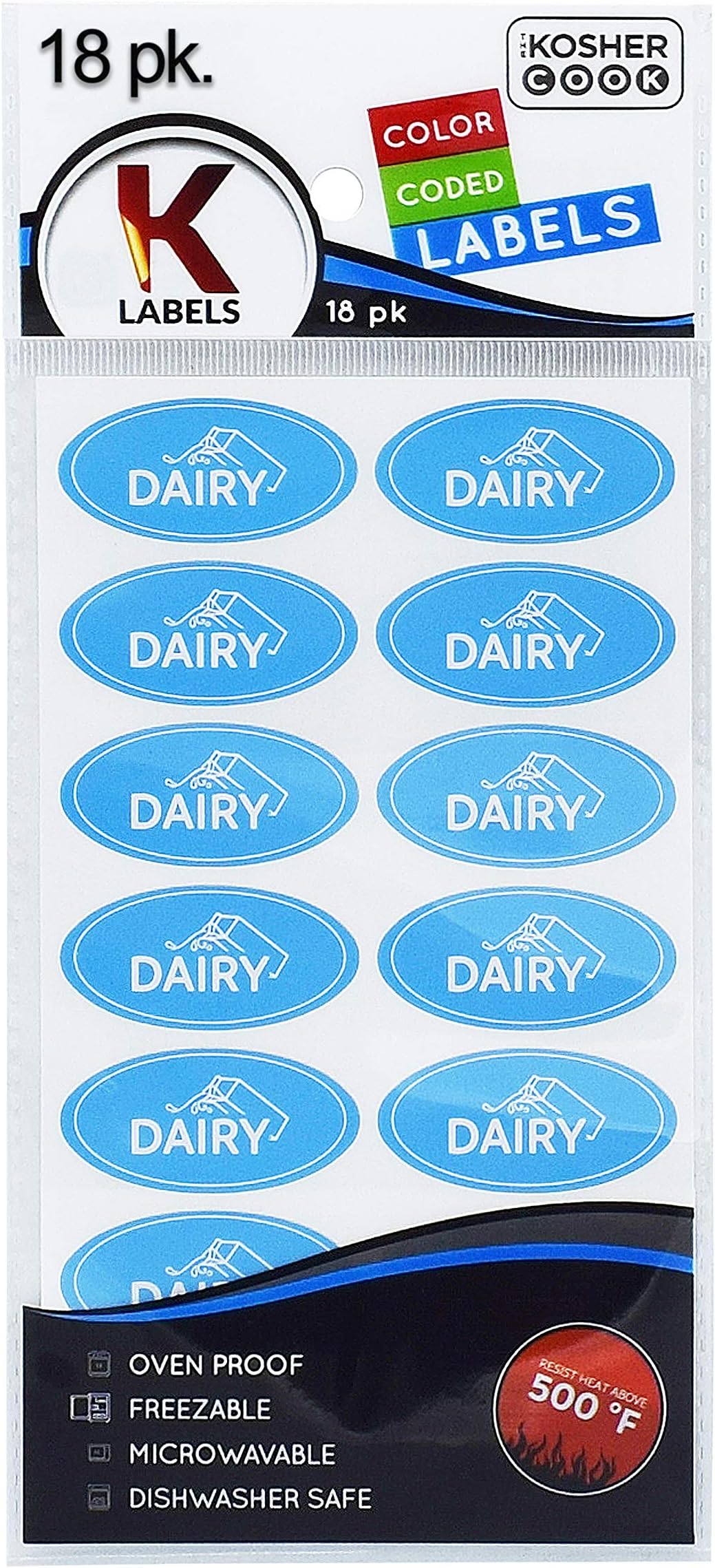 Blue Dairy Labels - Oven Proof up to 500°, Freezable, Microwavable, Dishwasher Safe, English - Color Coded Kitchen Stickers (Pack of 18)